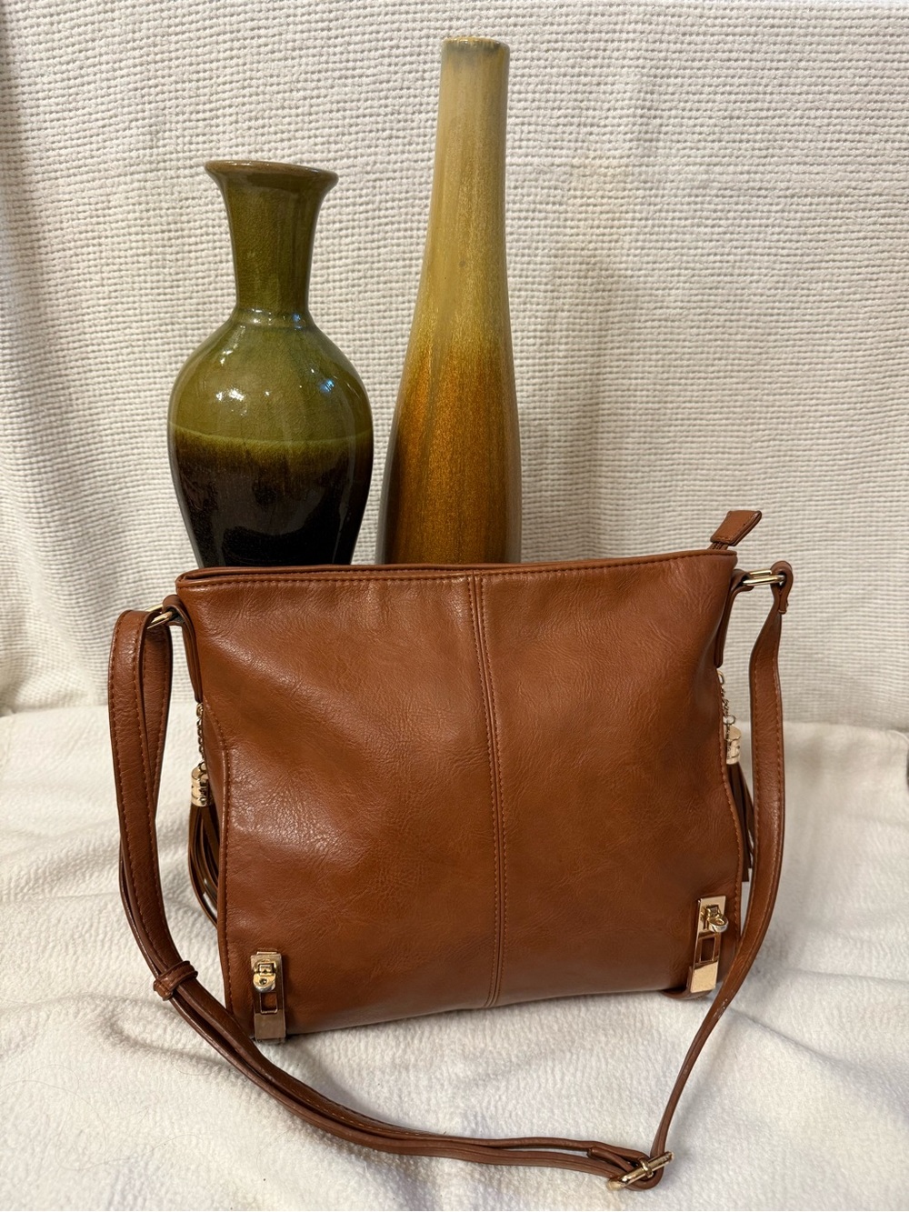 MMS Design Studio Brown Vegan Leather Crossbody Shoulder Bag Gold Hardware